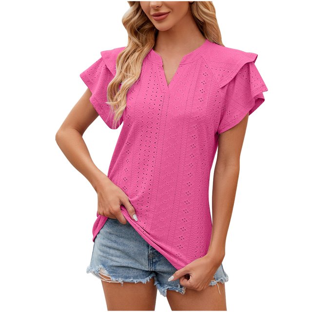 AherBiu Hauts Boho pour Femmes, Chemises à Manches Courtes à Volants Superposés, Encolure en V Fendue, Tunique Décontractée d'Été, Blouse