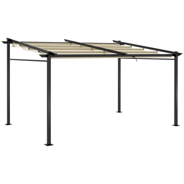 Outsunny Pergola en Métal 10 Pieds x 13 Pieds avec Toit Rétractable beige, Conçu pour l'Ombre Extérieure dans les Jardins et les Cours Arrière. Comprend un Cadre en Métal Enduit de Poudre, un Auvent en polyester Enduit PA et 8 Oeillets pour le drainage de l'Eau. Comprend 8 Vis d'Expansion et 16 Piquets de Sol pour la Stabilité.