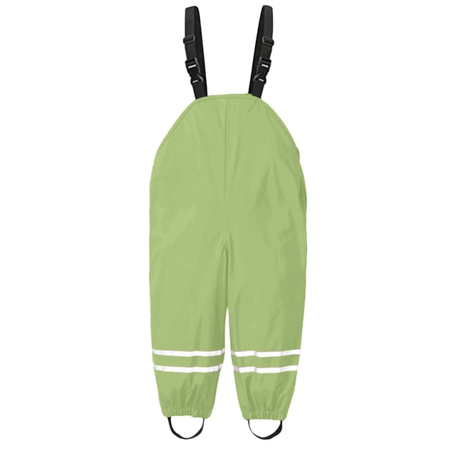 MIASHUI Salopette Imperméable pour Enfants en Vert, Conçue pour les Âges de 1 à 3 Ans. Ces Pantalons de Pluie Sans Manches avec Bretelles Noires Ajustables, Couleur Unie Verte et Rayures Blanches Réfléchissantes Près des Poignets pour la Visibilité. Fabriqués en polyester Léger et Imperméable avec une Coque en PU, Ils Sont Coupe-Vent, Respirants et Faciles à Nettoyer. Idéal pour les Activités de Plein Air comme la Randonnée, le Vélo Ou le Jeu par Temps Humide.