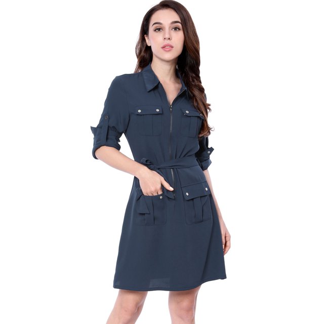 INSPIRE CHIC Robe-Chemise à Manches Roulées à Multiples Poches avec Ceinture pour Femme