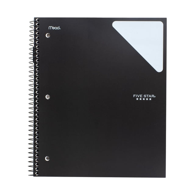 Five Star® Dry Erase Notebook with black durable poly cover and spiral binding, featuring a white dry erase corner panel and Five Star logo, suitable for note-taking, brainstorming, and use as a memo notepad or scratch pad.