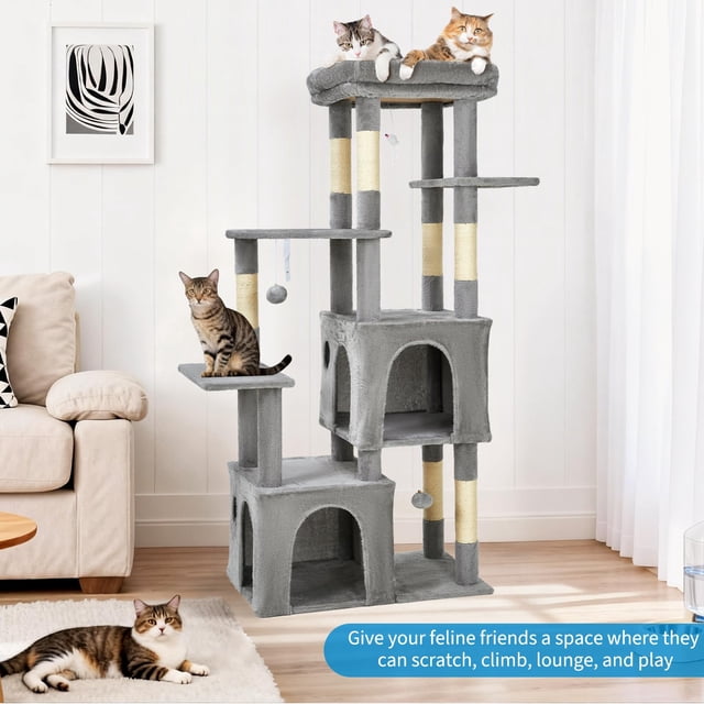 Yiwa Multi-Level 61" Cat Tree Tower, Sturdy Modern Cat Furniture for Large Cats and Maine Coons, Featuring Jumbo Perch, Two Spacious Condos, Sisal Scratching Posts, and Hanging Balls