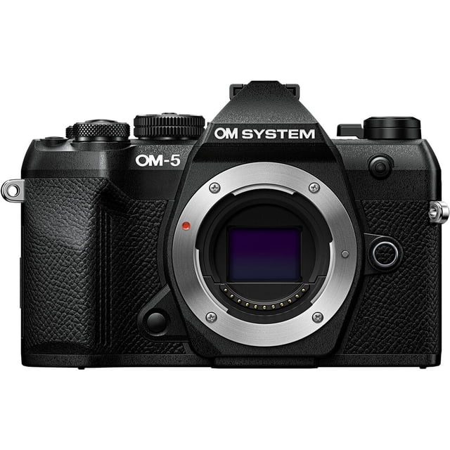 OM SYSTEM OM-5 Mark II Mirrorless Camera in black, front-facing view showing exposed lens mount, textured grip on left side, top control dials, and OM SYSTEM logo above lens mount, compact and weather-sealed for travel and outdoor use.