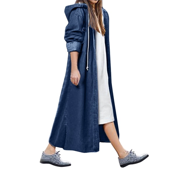 DondPO Jean Jacket Women Hooded Outwear Long Casual Denim Women Long Overcoat Jacket Coat Jean Sleeve Women's Blouse Womens Jean Jacket Jean Jacket for Women Trendy Blue 2XL Clearance!