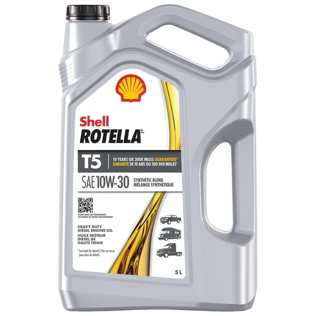 Shell Rotella T5 Mélange Synthétique Huile de Moteur Robuste 10W-30 Contenant en Plastique Gris 5L avec Poignée et Capuchon Noir, avec Étiquette avec logo de Coque et Informations sur le Produit sur la Technologie Triple Protection Plus pour la Protection contre l'Usure, l'Économie de Carburant et une Faible formulation de Cendres, Idéal pour les Moteurs diesel dans les Camions et la Machinerie Lourde.