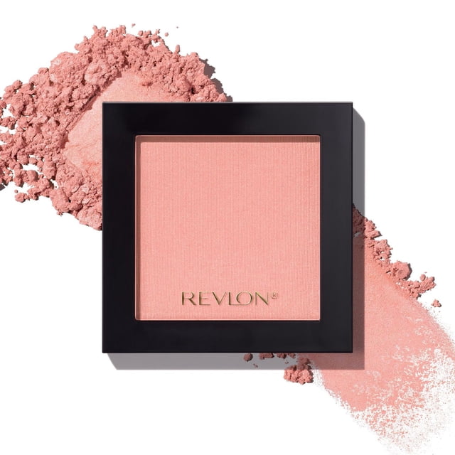 Revlon Blush en Poudre en Noir Carré compact avec Poudre microfine Rose Doux et Couleur Modulable, Montré avec de la Poudre Libre Étalée sur un Fond Blanc, Idéal pour Créer une Touche Naturelle et Longue sur les Joues et des looks de Maquillage Polyvalents.