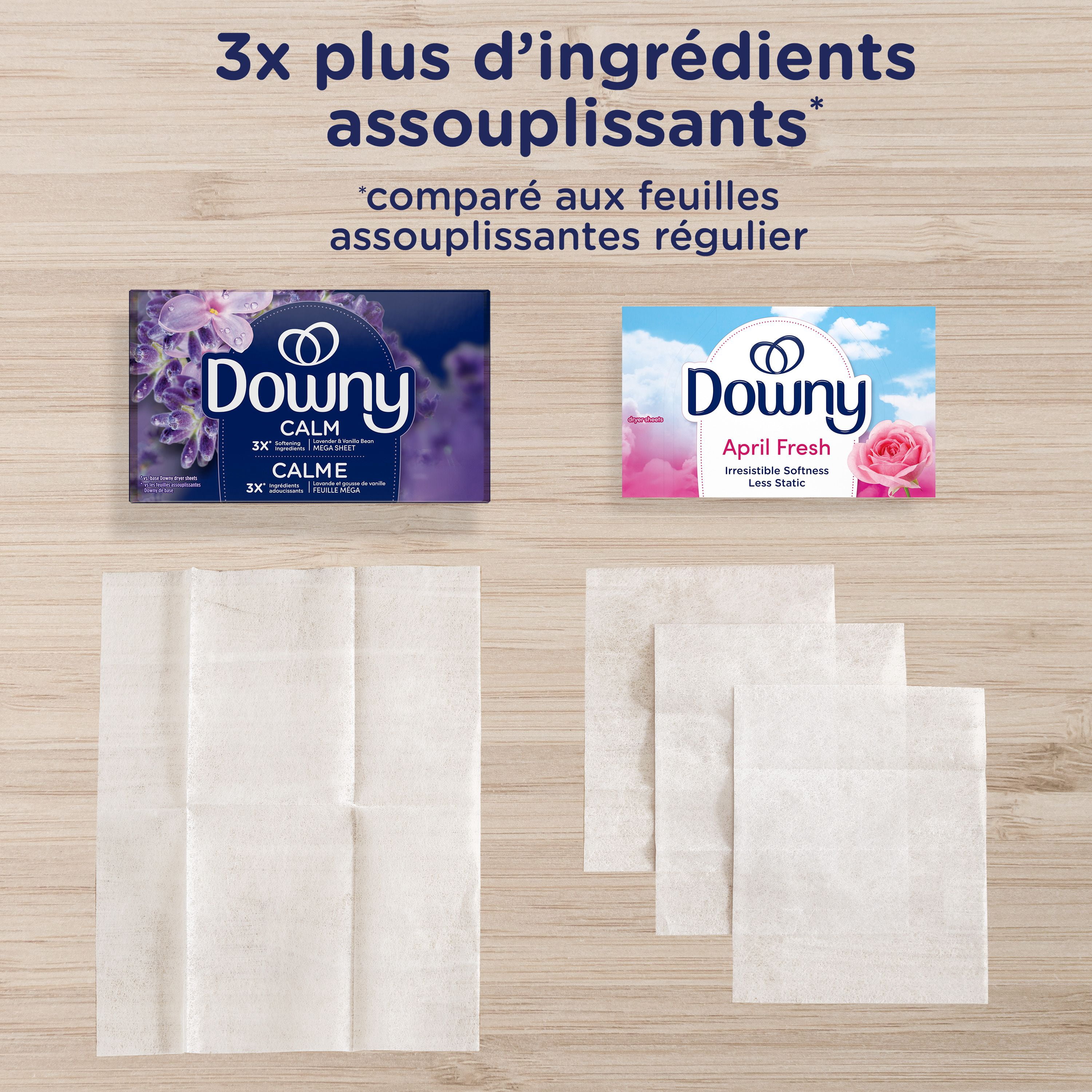 Downy Calme, Feuilles Assouplissantes Méga pour Sécheuse, Assouplissant pour la Lessive, Lavande et Gousse de Vanille 120CT