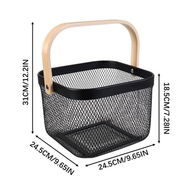 LSLJS Nordic Iron Handheld Storage Basket with Wooden Handle Fruit and Vegetable Basket Home Hollow Storage Basket, Storage Basket
