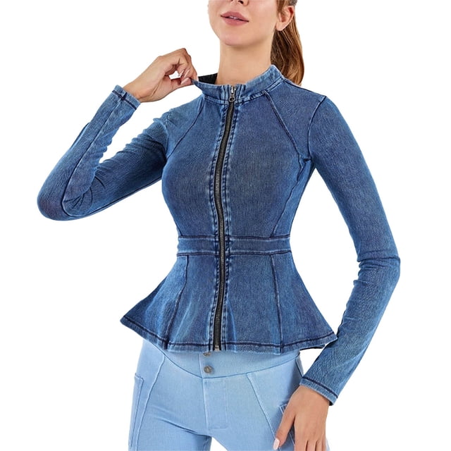 Hvobtty Veste en Denim Décontractée à Manches Longues pour Femmes, Type de Denim avec Col Rond, Manches Longues et Ourlet en Dentelle Uni pour Femmes
