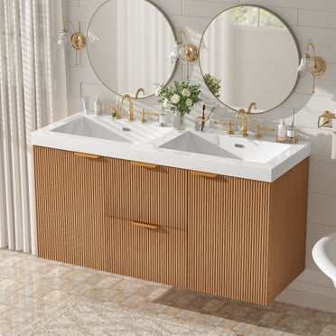 Meuble-Lavabo de Salle de Bain à Double Lavabo de 47,24 Po avec Dessus SMC, Armoire en MDF, Portes à Fermeture en Douceur, Tiroirs Divisés, Meuble-Lavabo de Rangement Moderne Mural