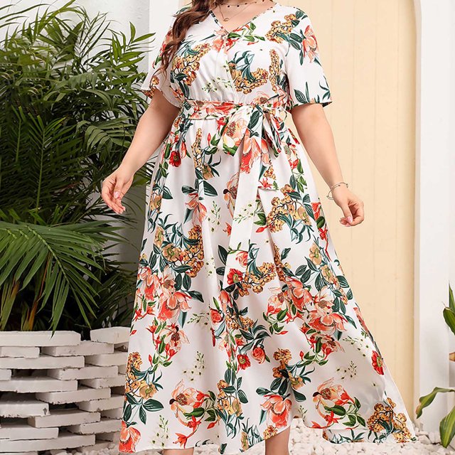 Robes Grande Taille pour Femmes Été Imprimé Robe Grande Taille Col en V Manches Courtes Taille Élastique Robe de Plage Robe de Soleil Robe Midi Fluide à Volants en Solde
