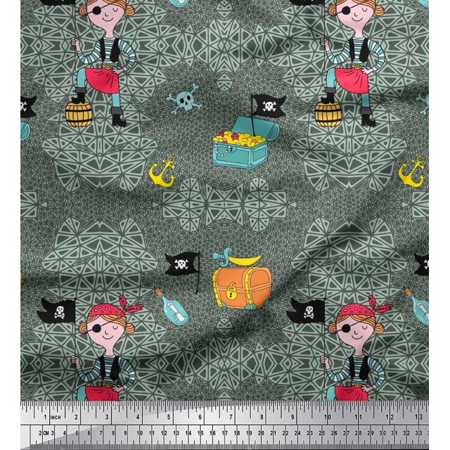 Soimoi Poly Georgette Fabric Flag,Treasure Box & Pirate Boy Nautical Decor Fabric Printed Yard 52 Inch Wide