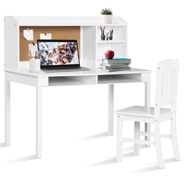 Giantex Kids Desk and Chair Set, Children Study Writing Desk w/Chair, Student Wooden Computer Workstation, White