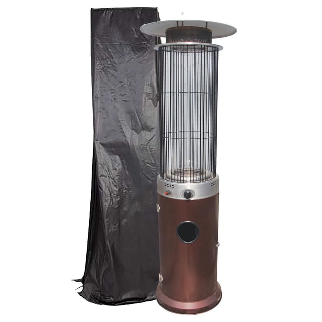 Paramount Outdoor Patio Heater Cover for Spiral Flame Heaters shown next to a tall, cylindrical patio heater with a bronze base, black metal safety cage, and silver reflector top, featuring a black, water-resistant vinyl cover with fabric ties to protect outdoor heaters from weather.