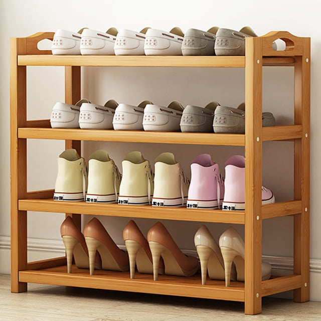 Shoe Rack Shoe Storage Rack Storage Shoe Shelf Multi Layer Shoe Rack crafted from durable bamboo material with a thicken design. This three-tier rack accommodates various footwear types, including sneakers, heels, and casual shoes, offering a practical shoe storage solution. The natural bamboo finish complements modern and minimalist interiors, ideal for bedrooms or dormitories. The top surface can also hold small items for added functionality.