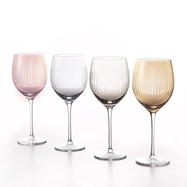 Rainbow Glo Colored Wine Glasses 470ml, set of 4 mouth-blown, hand-cut crystal wine glasses with vertical line carvings, featuring pink, clear, smoky gray, and amber bowls on slender stems, suitable for red wine and versatile dining use.