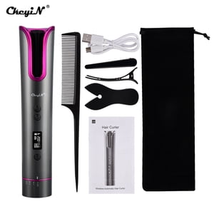 CkeyiN 18mm Fer à repasser automatique, Coureur de cheveux sans cornière, USB Céramique Curling Fer Cheveux Waver T Waves Fer Curling Wand Air Curler,LCD 4-Speed Température rapide et contrôle du temps