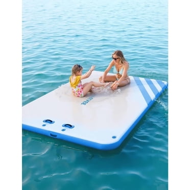 Bingirl Water Inflatable PVC Floating Platform in White with Sky Blue Trim, Three-Color Gradient on Bottom Right, 1.8 to 1.5m