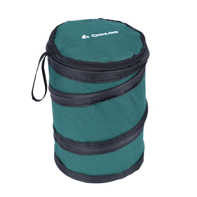 Coghlan's Pop-Up Mini Bin 3.4L collapsible trash can in green 600D nylon with black trim, cylindrical shape, zippered lid, and carrying loop, suitable for camping, picnics, and road trips.