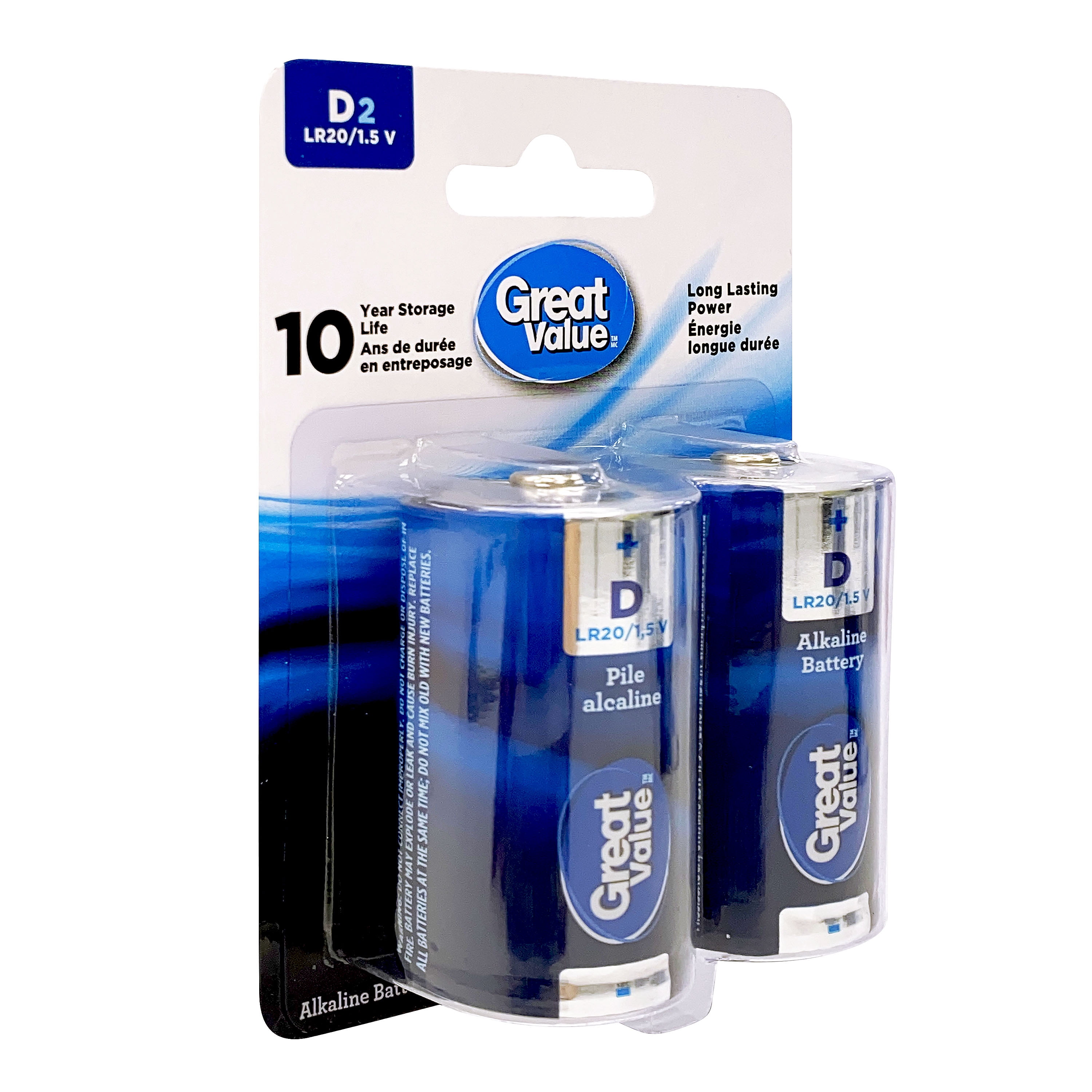 Great Value D LR20/1.5 V Alkaline Batteries 2-Pack, 10-year storage life