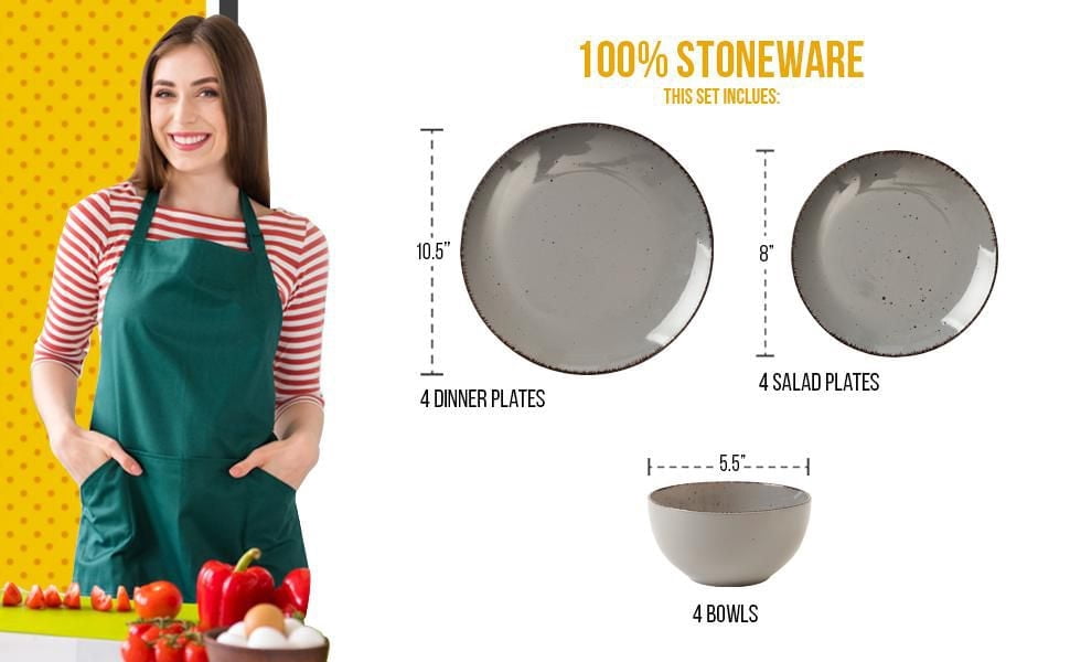 Safdie & Co. Utopia 12 Piece Dinnerware Set, Service for 4, Fiesta Dinnerware, Home Trends and Home Food Network Essentials, Stoneware Dinner Plates, Grey