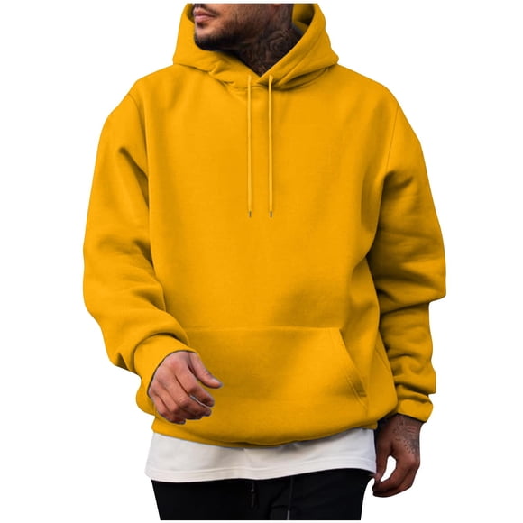 LMKIHUSA Men's Casual Hoodies Fashion Fall Winter Comfy Pullovers Long Sleeve Plain Drawstring Sherpa Sweatshirts with Pockets Yellow,S
