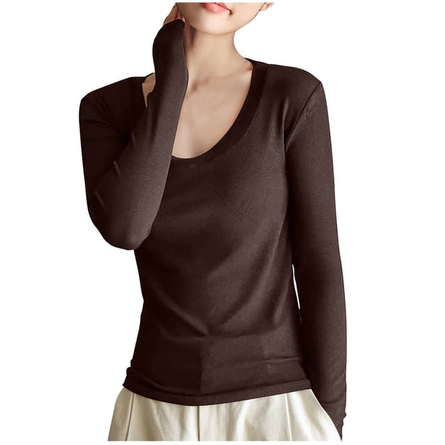 Yuyuzo T-Shirts à Manches Longues pour Femmes, Col Rond, Chandail à Enfiler, Haut Uni, T-Shirts Basiques, Couche de Base
