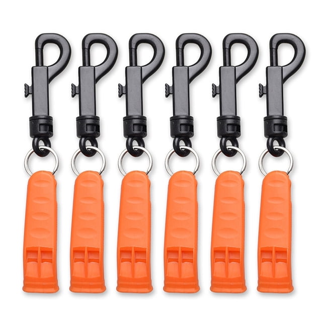 Whistle,6pcs Whistle Safety Whistle Whistle set featuring six orange emergency whistles with black hooks. These whistles are compact, lightweight, and designed for outdoor activities such as hiking, camping, and kayaking, as well as for survival and emergency scenarios. Each whistle measures approximately 7.5 cm (3 in) in length, with a hook length of 7.3 cm (2.9 in).