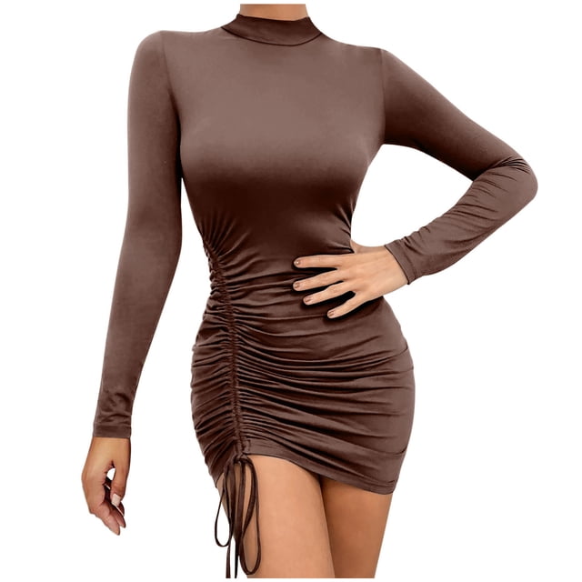 Yuyuzo Robe Courte Extensible pour Femmes, Tenue de Boîte de Nuit, Ajustée, Moulante, Manches Longues, Ourlet à Cordon, Robe Courte Basique, Couleur Unie