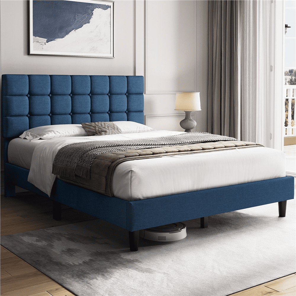 FullFurnique Cadre de Lit Capitonné avec Tête de Lit à Capitonnage Carré, Queen, Bleu marine