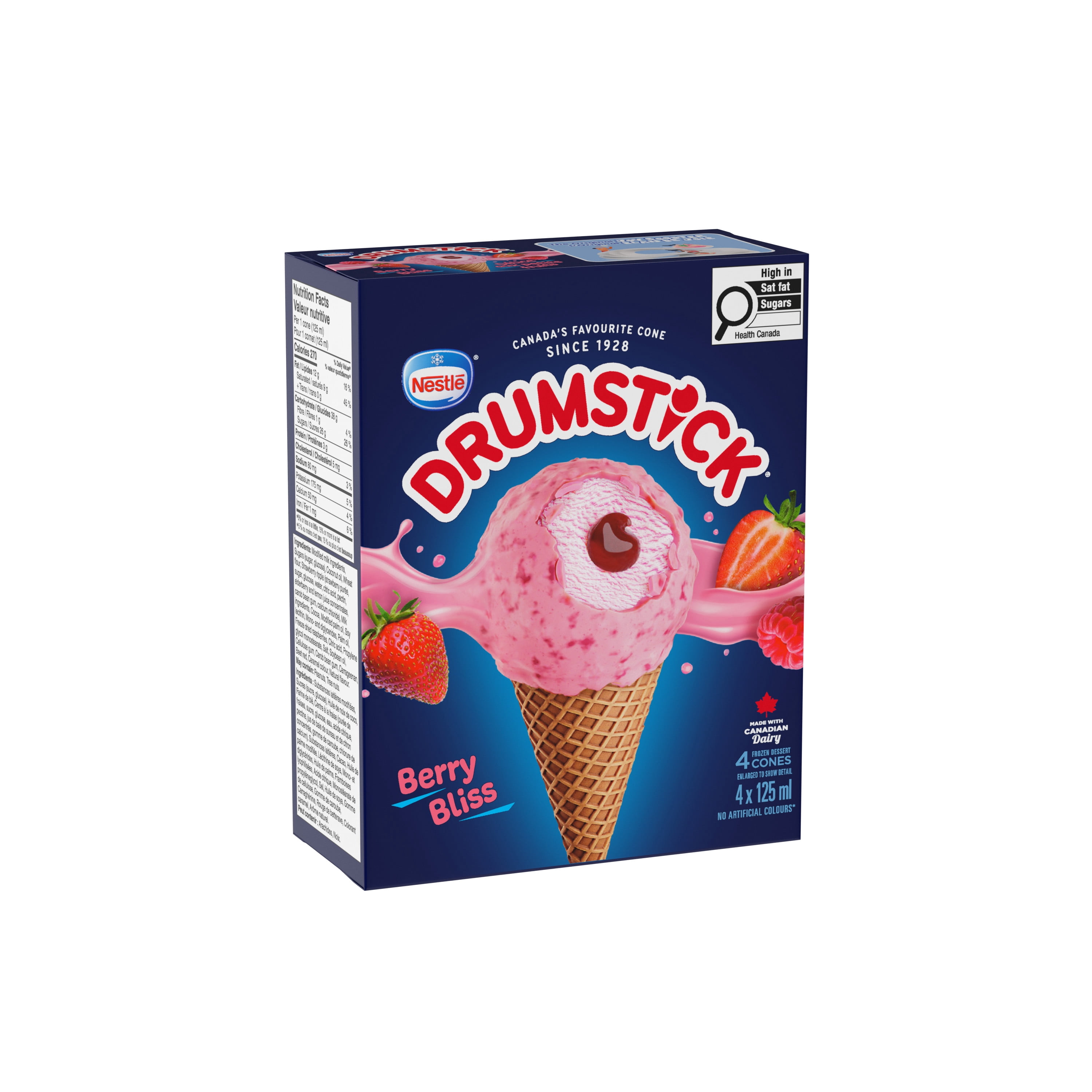 DRUMSTICK Cornet Délice aux petits fruits, dess. glacé fraises, enrob. choco. blanc 4 x 125 ml