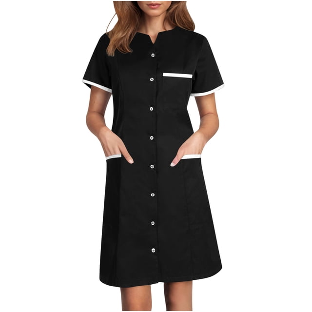 Bocqde Robe de Sarrau Femmes Infirmières Tenue de Travail Robes Manches Courtes Boutonnée Robe de Sarrau avec Poches