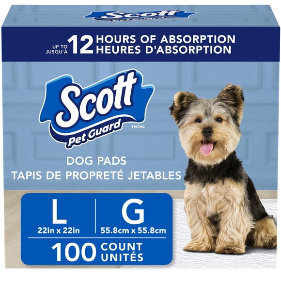 Scott Pet Guard Tapis de Propreté pour Chiens - Tapis de Propreté d'Entraînement pour Chiots, Chiens Moyens & Grands - jusqu'à 12 Heures d'Absorption et Contrôle des Odeurs - Tapis de Propreté pour Chiens Facilement Jetables - Grande Taille - 22 Pouces x 22 Pouces - Lot de 100