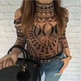 thumbnail image 3 of PENGXIANG Justaucorps Extensible pour Femmes à Imprimé Tribal Tatouage, Haut à Manches Longues en Maille Transparente Transparente, 3 of 3