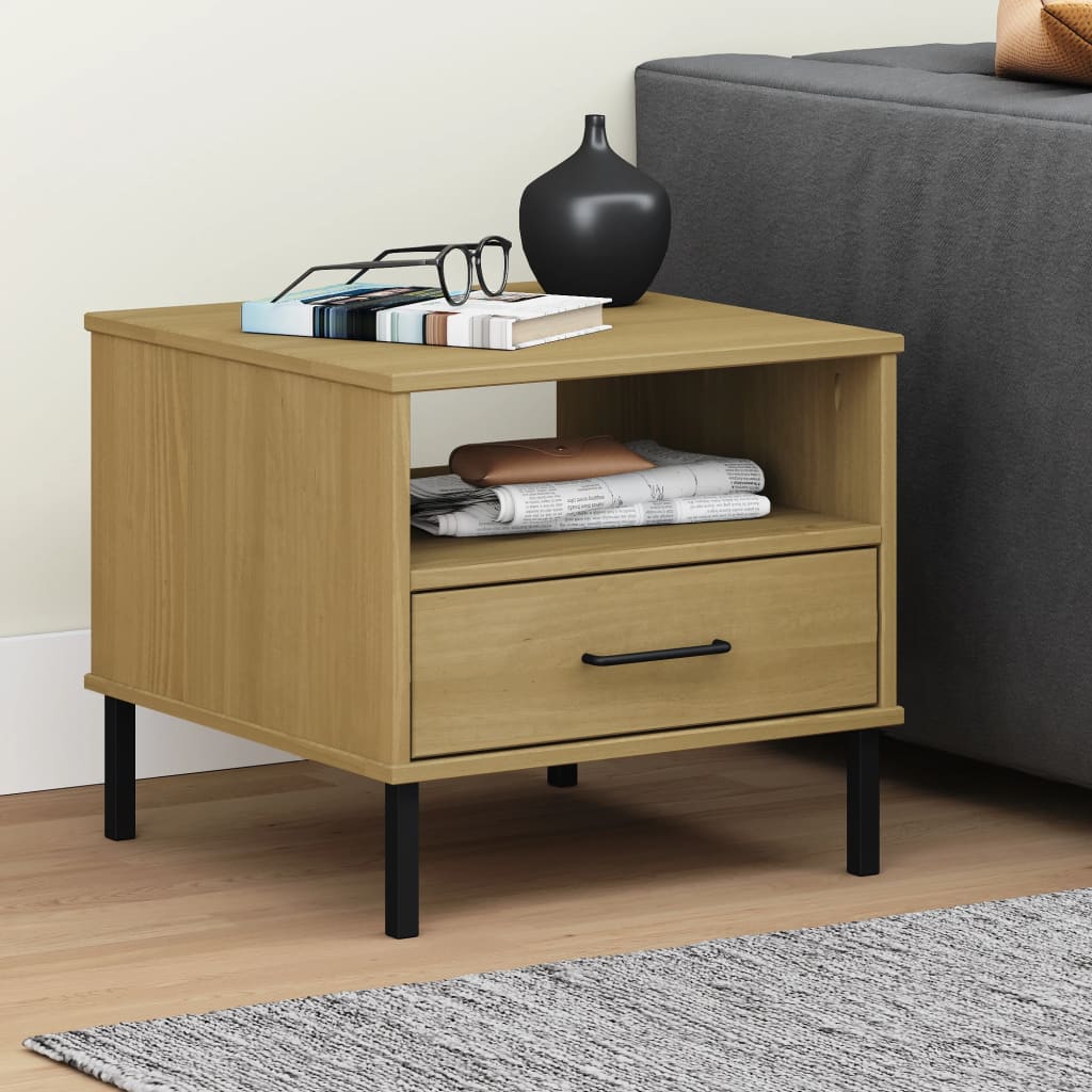 vidaXL Table de Chevet avec Pieds en Métal Bois Massif Pin Brun OSLO