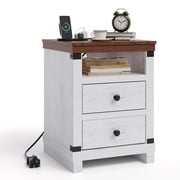 Farmhouse Nightstand with Charging Station, Modern Bedside End Table with 2 Drawers, USB Ports & Outlets, White Accent Table for Bedroom & Living Room, 18.11" w