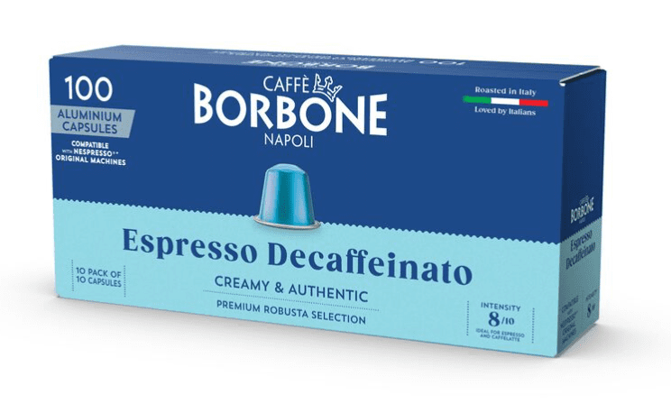 Caffe Borbone capsules (compatible with Nespresso® OriginalLine machines) - DECAFFEINATED aluminum pods - 100-pack / 10 packs of 10 - (Intensity 8/10)