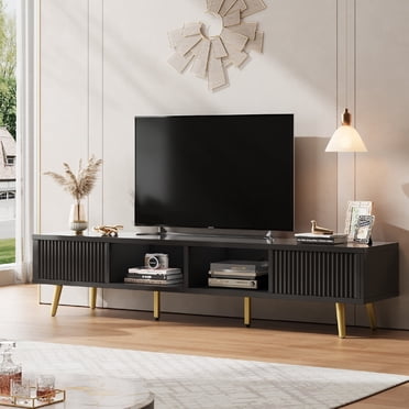 Bestier 71 inch Fluted TV Stand for TVs up to 75", Modern High Gloss Entertainment Center with Storage Cabinet, Black