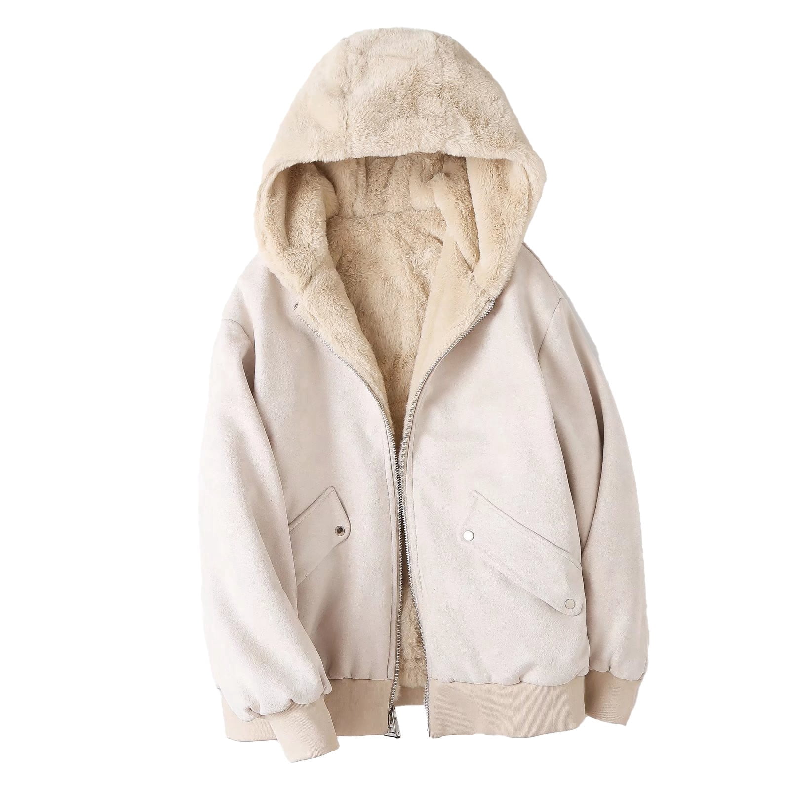 WEIYLL Jackets for Women Reversible Plush Hooded Solid Color Thickened Warm Beige Fall Clothes Size XS