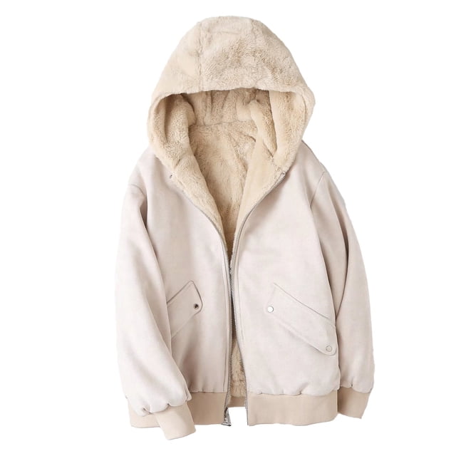 WEIYLL Fleece Jacket Women Reversible Plush Hooded Solid Color Thickened Warm Beige Cold Weather Tops Size S