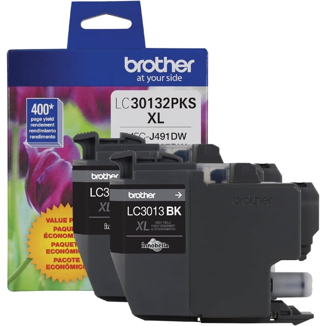 Brother LC30132PKS Ink Cartridge 2-pack high-yield black ink cartridges with 400-page yield, shown front-facing with black plastic casing and clear ink window, alongside colorful packaging with floral design and Brother branding, compatible with MFC-J491DW series printers and ideal for reliable professional printing.