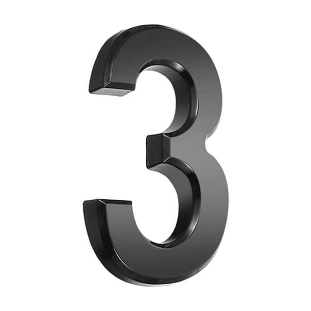 RXIRUCGD 3 Inch Black Modern House Number '3' designed for outdoor or indoor use. Made of durable ABS engineering plastic with a metal-plated finish, featuring a self-adhesive foam backing for easy installation on mailboxes, doors, or street signs. Ideal for garden décor and outdoor living spaces. Measures approximately 7 cm high, 4.5 cm wide, and 0.8 cm thick.