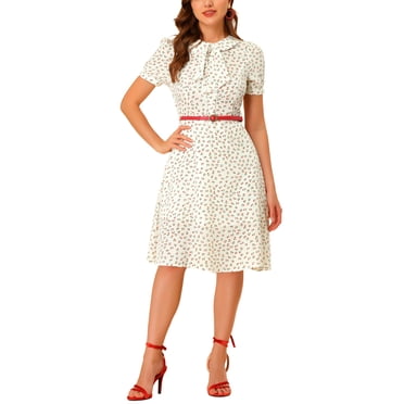 INSPIRE CHIC Women's Vintage Dress Floral Print Peter Pan Collar Knee Length Casual Dress L White