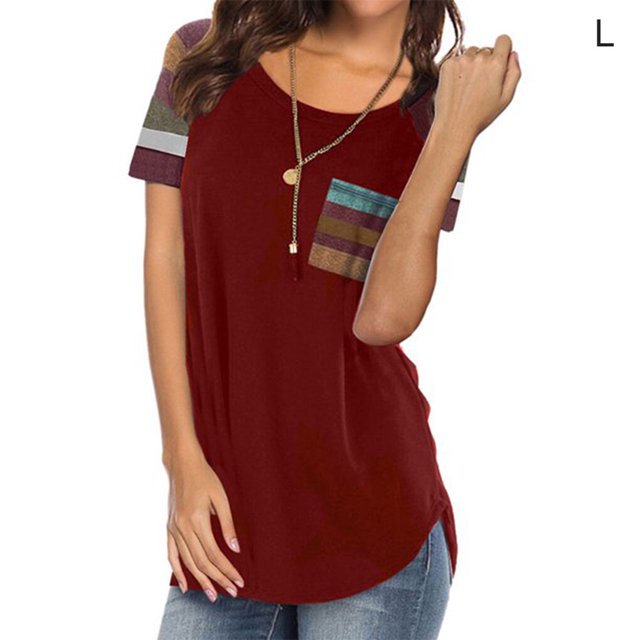 ziyahi Femmes T-Shirt à Manches Courtes Col Rond Haut à Rayures T-Shirt, Rouge Vin, L