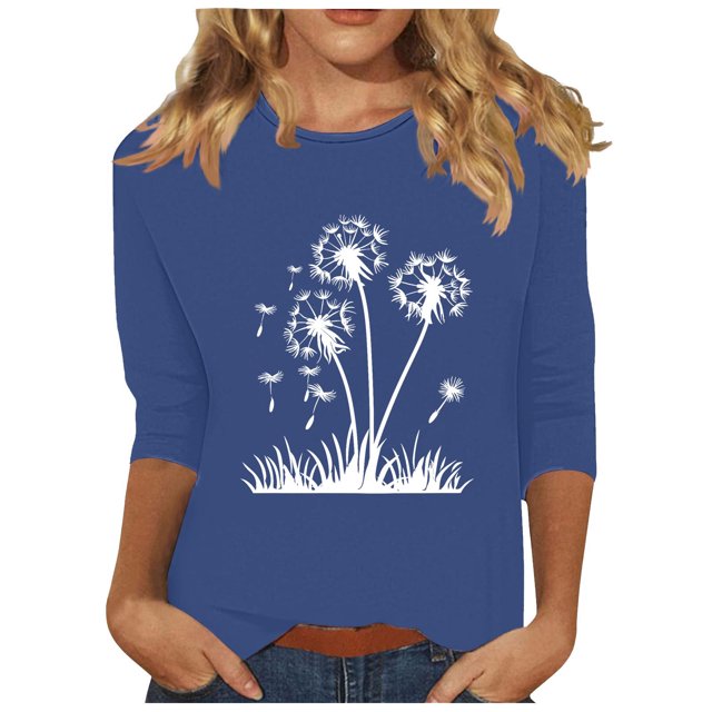 Plebaso Hauts pour Femmes Manches 3/4 Chemises Décontractées Imprimées Tunique à Col Ras du Cou Hauts Chandails Blouses pour Femmes