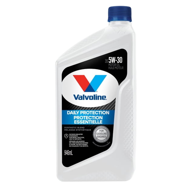 Valvoline Daily Protection 5W30 Synthetic Blend Motor Oil in a white 946ml bottle with blue cap, featuring a black label with the Valvoline logo, formulated for gasoline engines to minimize wear, friction, heat, and deposits while enhancing fuel efficiency and engine cleanliness.