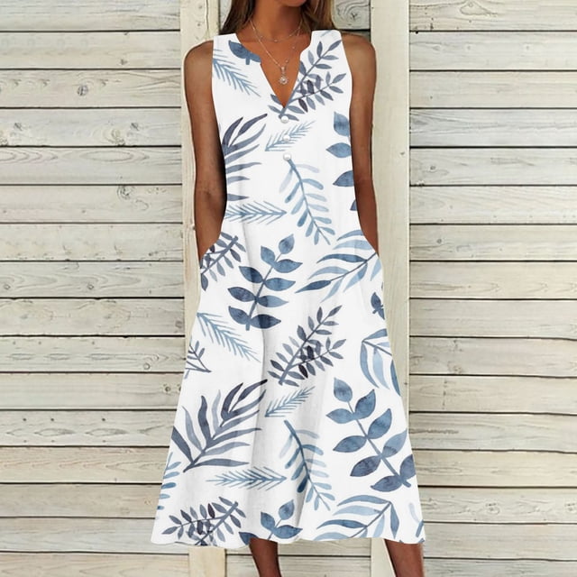 EGNMCR Robes de Fête pour Femmes Robe d'Été pour Femmes Design Décontracté Robe Dégradée Sans Manches Col en V Longue Robe