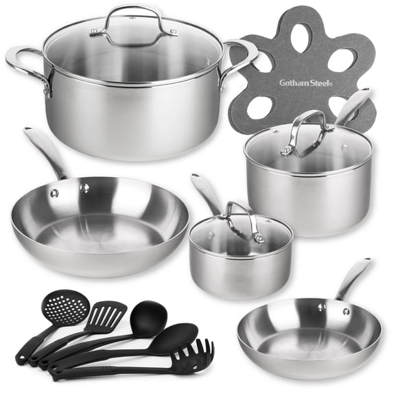 Gotham Steel 15 Pcs Stainless Steel Cookware Set, Pots and Pans Set with Utensils Non Stick with Induction Cookware Oven and Dishwasher Safe