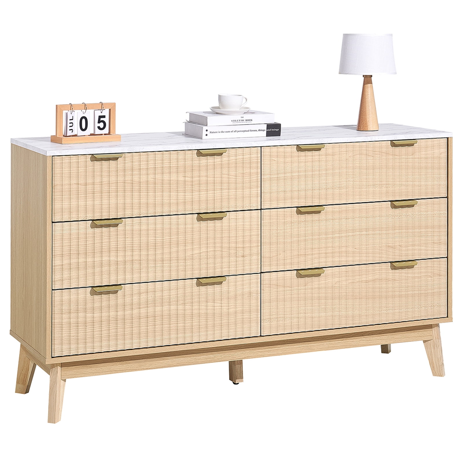 VEVOR 6 Fluted Drawer Dresser Wooden Chest of Drawers w/ Sliding & Anti-tip Wood
