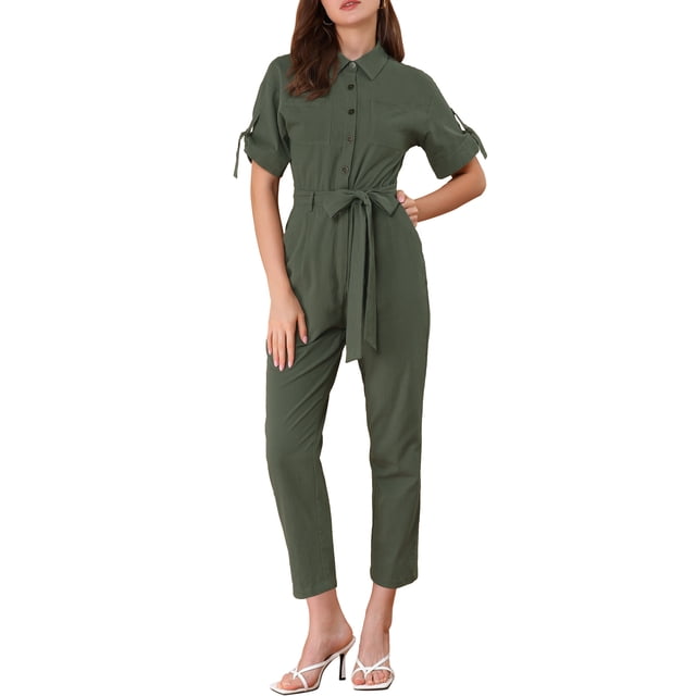 Unique Bargains Combinaison Short pour Femme à Col Rabattu, Boutonnée, Taille à Nouer, Cargo